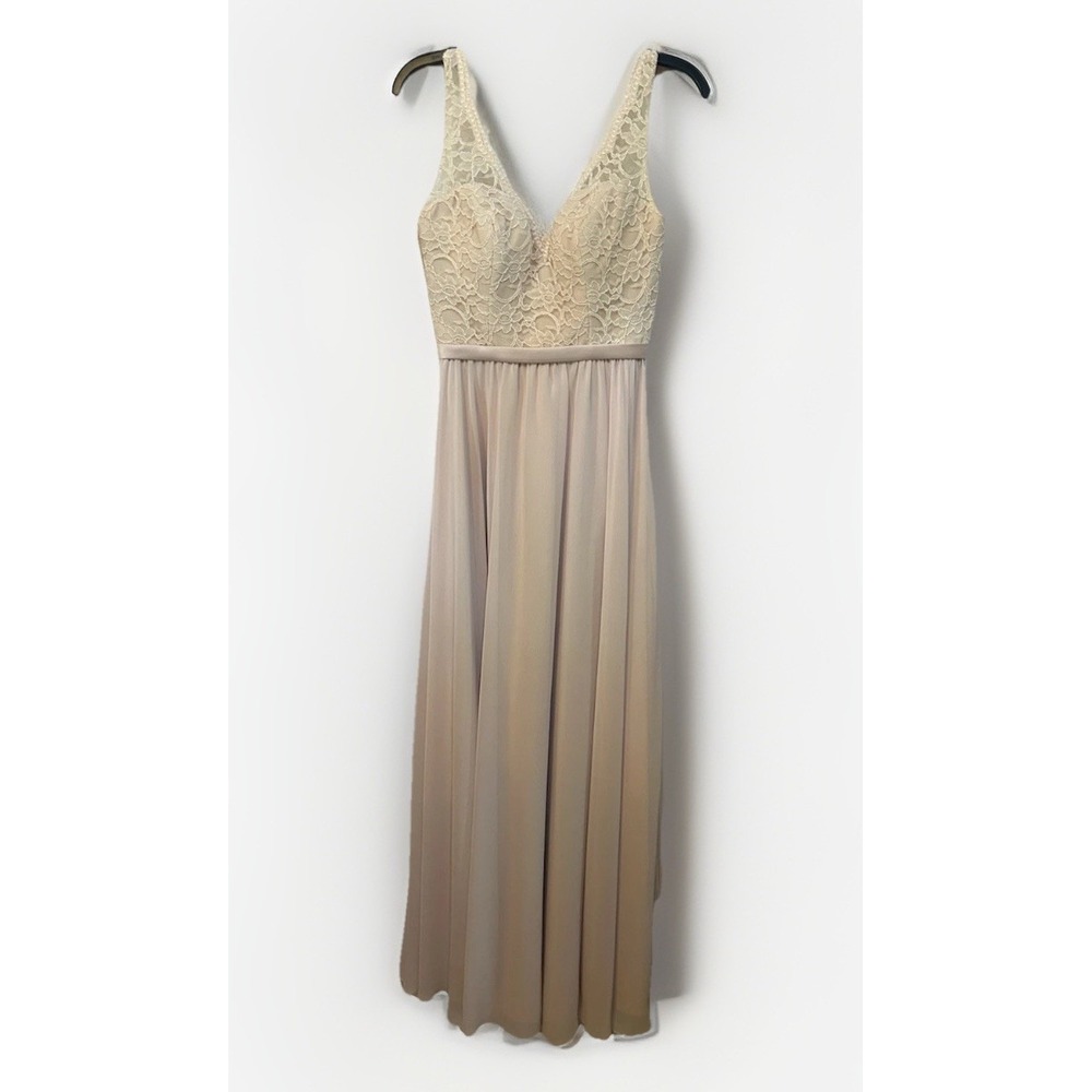 Mori Lee By Madeline Gardner Long Blush Sheer Bridesmaid Dress Lace Bodice Sz6